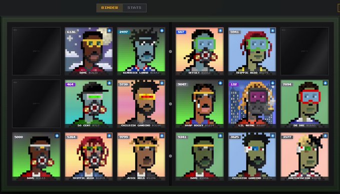 A digital "binder" interface displaying a grid of pixel-art character trading cards with numbers and names like "Christiano Gaming," "Bitguy," and "Lil Wayne," alongside "RINGER" and "STATS" tabs, reflecting the nostalgic Pokémon-style collectible card experience described in the post at beatbitz.com/binder.