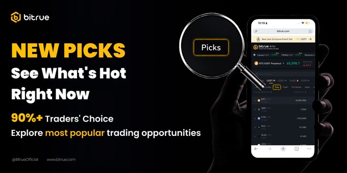 A Bitrue promotional graphic highlights the new "Picks" feature with bold yellow text reading "NEW PICKS — See What's Hot Right Now" alongside a smartphone displaying a 65,078 BTC/USDT chart and a magnifying glass focused on the "Picks" button, reinforcing the post's call to explore trending markets across BTC, ETH, AI, meme categories, and more.