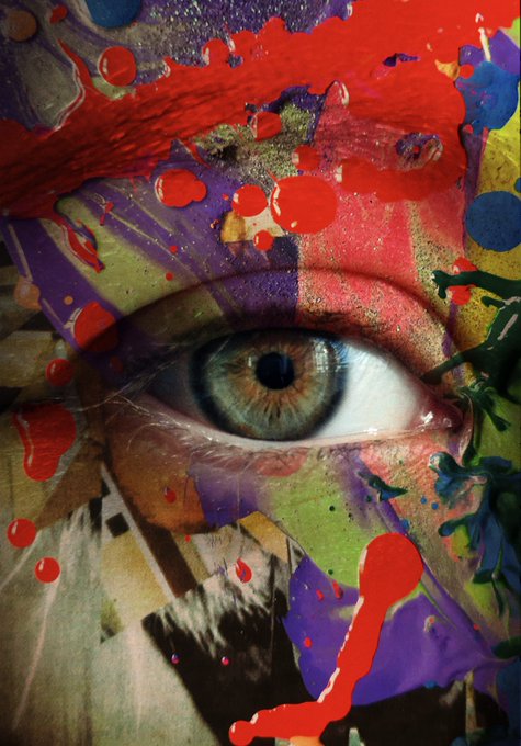 A close-up of a green eye surrounded by a chaotic collage of colorful paint splatters and abstract fragments in red, purple, and yellow tones.