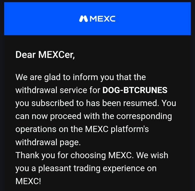 MEXC platform notification announcing the resumption of withdrawal services for DOG-BTCRUNES.