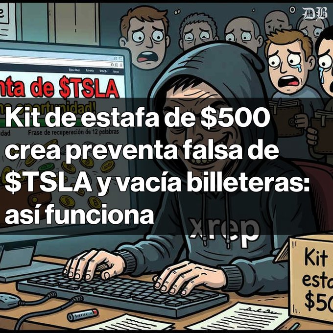 Cartoon-style illustration with Spanish headline warning: 'Kit de estafa de $500 crea preventa falsa de $TSLA y vacía billeteras: así funciona', depicting a hooded scammer at a computer with terrified victims behind.