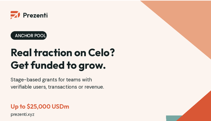 Promotional graphic for Prezenti's "ANCHOR POOL" offering stage-based grants up to $25,000 USDm to teams with verifiable users on Celo, at prezent.xyz.