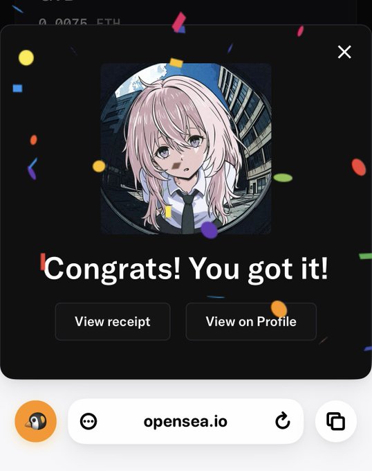 A mobile browser screenshot of an opensea.io confirmation screen reading 'Congrats! You got it!' featuring the same pink-haired anime character NFT with confetti graphics.