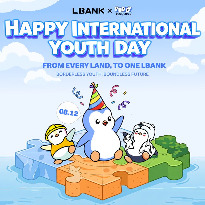 A cheerful illustration of three PUDGYPENGUINS wearing party hats sits on puzzle-piece landmasses floating on water, celebrating LBank x PUDGYPENGUINS' "Happy International Youth Day" with the tagline "From Every Land, to One LBank — Borderless Youth, Boundless Future," and a banner marking the date "08.12."