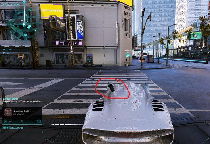 A screenshot from a video game showing a futuristic city street with a sleek silver vehicle in the foreground, featuring a red circle drawn around an object on the ground; the HUD indicates 'Breach Alert! System detected a Trenchcoater's surroundings.'