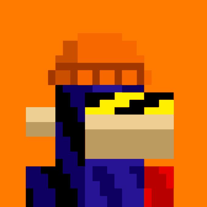 Abstract pixel art with blocks of orange, dark blue, yellow, and tan colors arranged in a geometric pattern against an orange background.