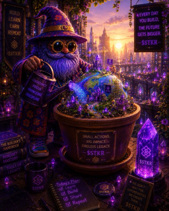A fantasy illustration of a purple-bearded gnome in a floral hat watering a globe-shaped terrarium, surrounded by motivational text like "BUILD LEARN EARN REPEAT", "EVERY DAY YOU BUILD, THE FUTURE GETS BIGGER", and the token symbol "$STKR".