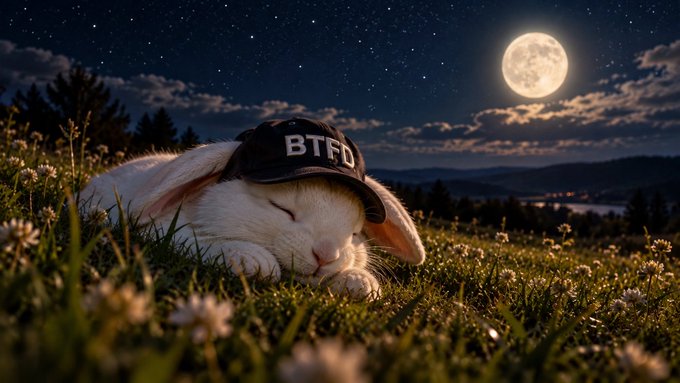 A white rabbit wearing a black cap with "BTFD" written on it sleeps peacefully in a grassy field of wildflowers under a starry sky illuminated by a full moon.