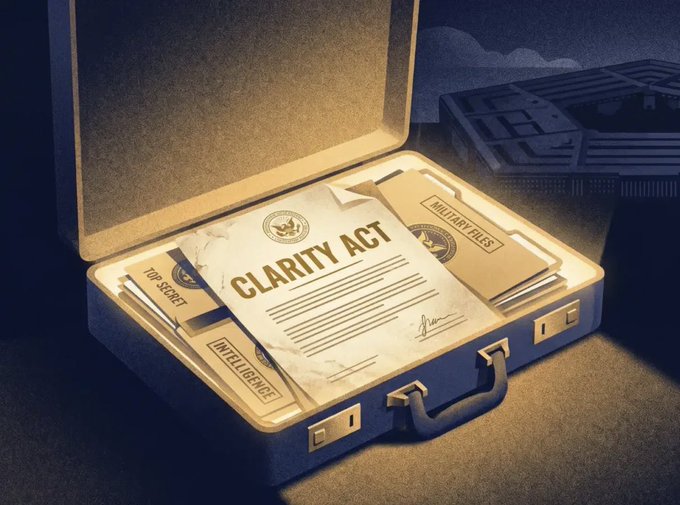 An illustration shows an open briefcase filled with documents labeled 'CLARITY ACT', 'TOP-SECRET', 'INTELLIGENCE', and 'MILITARY FILES', set against a dark background with a building.