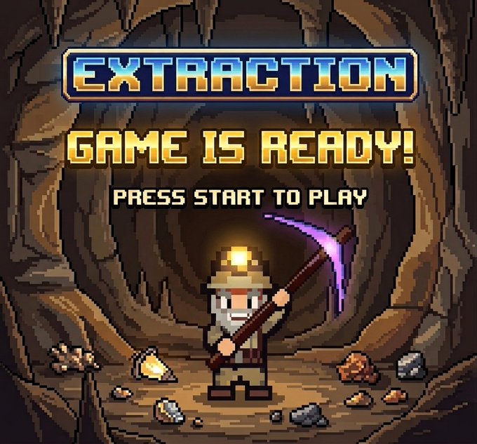 A pixel art game start screen titled 'EXTRACTION' reading 'GAME IS READY! PRESS START TO PLAY,' showing a miner with a glowing pickaxe inside a cave with scattered rocks and ores.