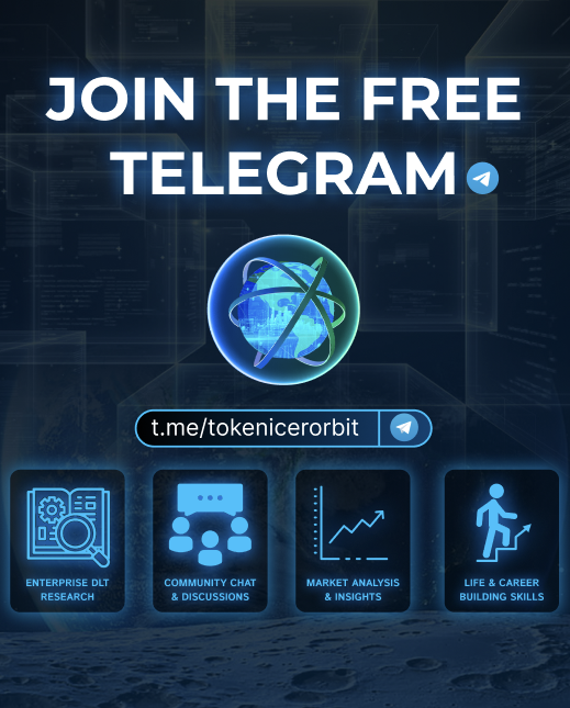 The post features a dark blue banner with white text promoting a video about joining the Telegram group for a free community chat. The main image is of a logo, which includes a blue globe symbolizing the Telegram messaging platform and an icon representing the chat room. The accompanying title states "Join the free Telegram" in bold white letters at the top.