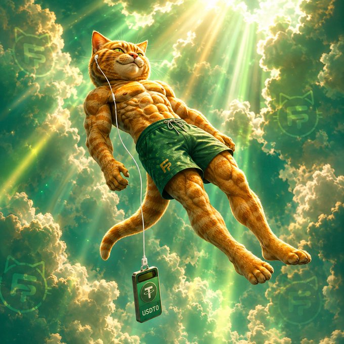 This image features a muscular, anthropomorphic cat with the "USDT" ticker symbol visible on a device connected to its earphones, swimming through a sky filled with clouds and sunbeams. The post refers to "finny" as an active meme on "stable," and this image visually represents a strong, popular, and perhaps stable meme currency.