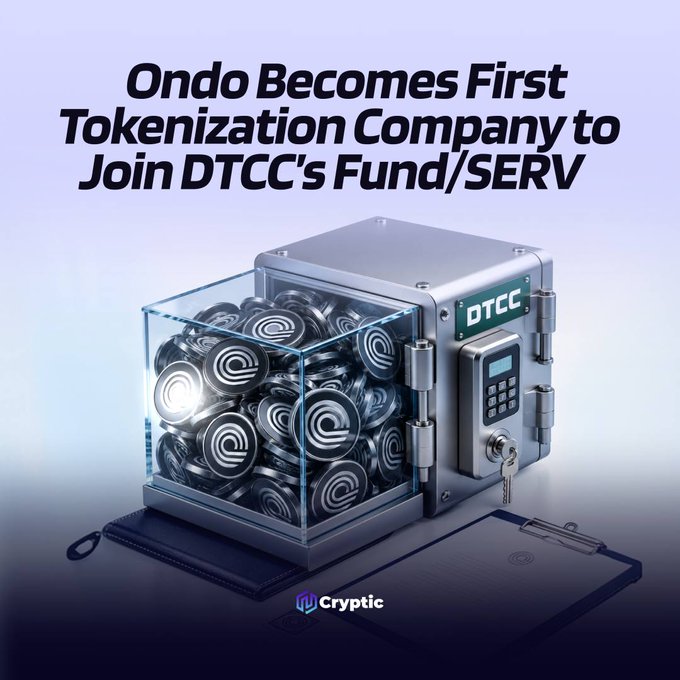 A stylized illustration shows a silver vault labeled "DTCC" filled with coins bearing the Ondo logo, placed next to a clipboard, under the headline "Ondo Becomes First Tokenization Company to Join DTCC's Fund/SERV," visually representing Ondo's integration into DTCC's fund infrastructure.