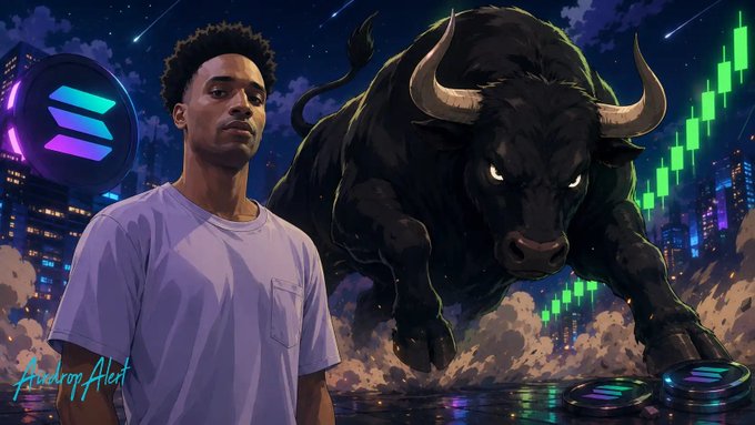 A young man stands before a massive charging black bull with glowing eyes, set against a nighttime cityscape featuring a Solana logo and a green ascending price chart. The text "Airdrop Alert" appears in the lower left, while glowing crypto tokens lie in the foreground. The image visually reinforces the post's commentary on BullpenFi and $ANSEM, blending bullish market imagery with the onchain trading theme.