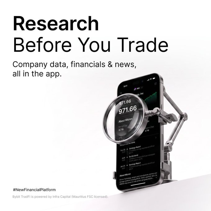 A promotional graphic featuring the headline "Research Before You Trade" with the tagline "Company data, financials & news, all in the app," showing a smartphone displaying financial data for Miron (priced at $971.66) viewed through a magnifying glass, alongside the hashtag "#NewFinancialPlatform" and a disclaimer noting Bybit TradFi is powered by Infra Capital (Mauritius FSC licensed). The image visually reinforces the post's message by showcasing the app's all-in-one research capabilities for trading decisions.