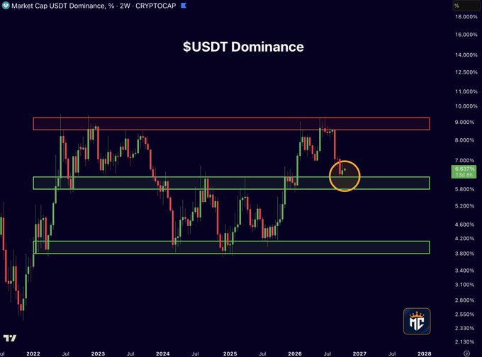 A 2-week candlestick chart of $USDT Dominance showing a bounce off the ~6% support zone (highlighted by a yellow circle), with price testing the lower boundary of a consolidation range between roughly 3.5% and 9%. This visualizes the post's key point that USDT.D has found major support at 6%, making it a critical level to watch for potential upside continuation that could weigh on Bitcoin and the broader crypto market.