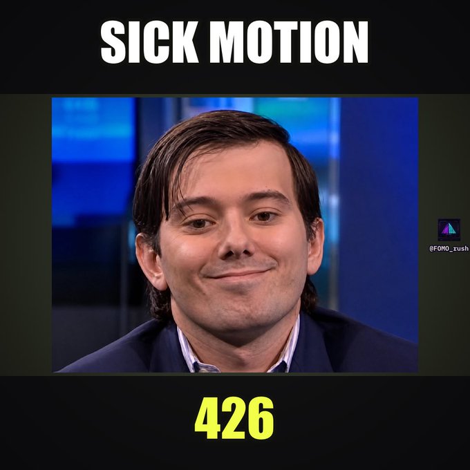 Meme image with bold yellow text reading 'SICK MOTION' and '426' surrounding a photo of a man in a dark suit with brown hair smiling, credited to @FOMO_rush.