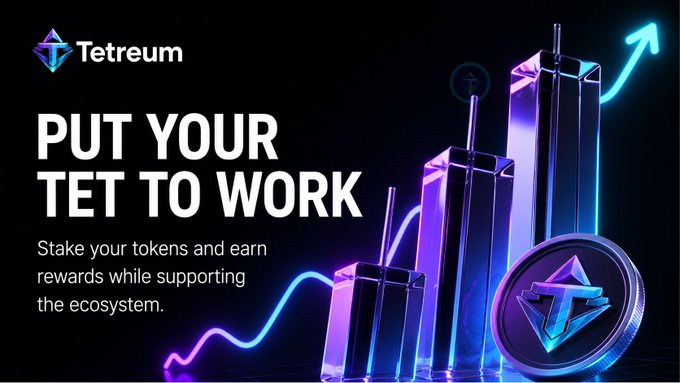 Tetreum promotional banner reading 'PUT YOUR TET TO WORK' with a neon-style graphic of glowing purple and blue buildings, an upward arrow, and a TET cryptocurrency coin.