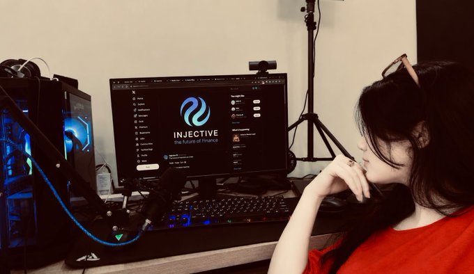 A woman with dark hair sits at a gaming/streaming setup looking at a monitor displaying the 'INJECTIVE - the future of finance' website, with a blue-lit PC tower to the left.
