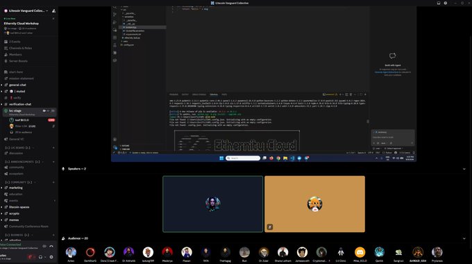 A screenshot of a Discord server called 'Etherecity Vanguard Collect...' showing voice channels, a chat with 'Etherecity Cloud' ASCII art, and a video call with two participants.