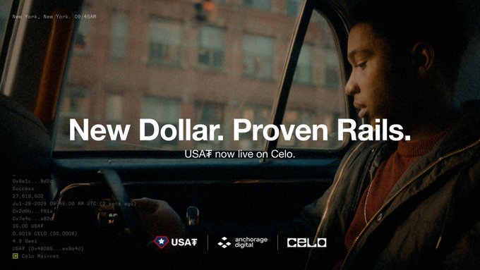 An advertisement reading 'New Dollar. Proven Rails.' announcing that USA₮ is now live on Celo, featuring logos for USA₮, Anchorage Digital, and Celo.