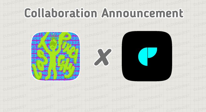 A "Collaboration Announcement" graphic featuring two app icons side by side: the colorful "Lost Pixel" logo on the left and the black ProfileSearch app icon on the right, separated by an "X" symbol to indicate a partnership. The image promotes a collaboration between the Lost Pixel Gems NFT project and ProfileSearch, highlighting the free mint opportunity for holders.