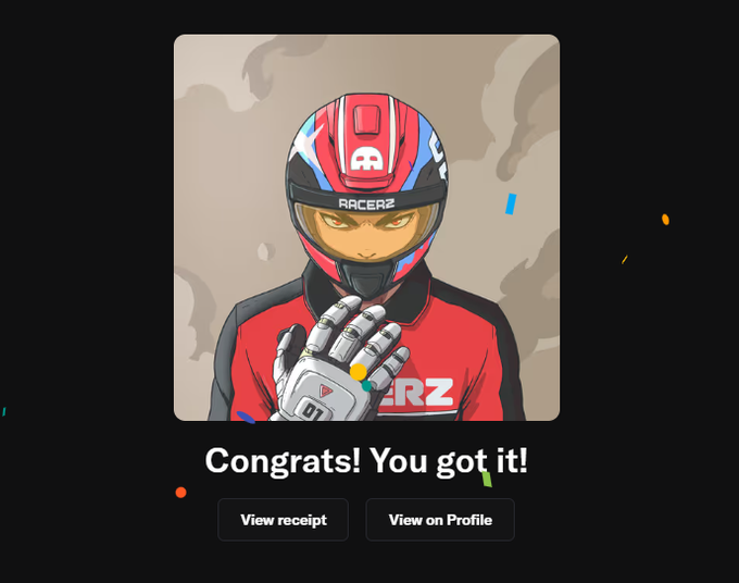 The image shows a digital collectible purchase confirmation featuring an illustrated anime-style racer in a red helmet and racing suit with "RACERZ" branding, accompanied by the text "Congrats! You got it!" This relates to the post by showcasing the artist's second acquired Racerz NFT from the @Racerz_eth collection, celebrating their growing enthusiasm for the racing-themed digital collectibles.