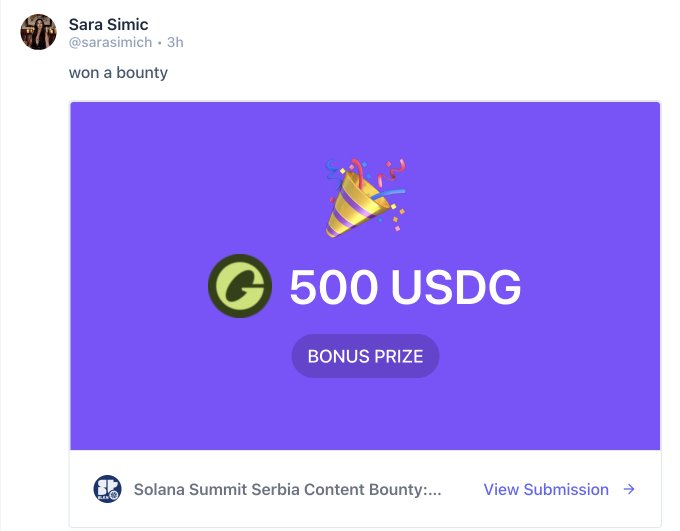A tweet from Sara Simic (@sarasimich) announces winning a bounty, displaying a graphic for a '500 USDG BONUS PRIZE' from the 'Solana Summit Serbia Content Bounty'.