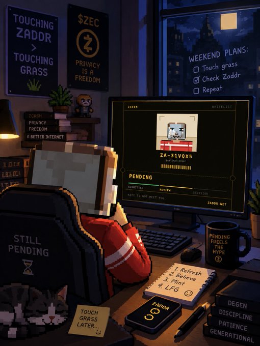 A pixel-art illustration shows a hooded figure at a computer displaying a 'ZADDR' interface, with posters reading 'TOUCHING ZADDR > TOUCHING GRASS' and 'WEEKEND PLANS: Touch grass, Check Zaddr, Repeat'.