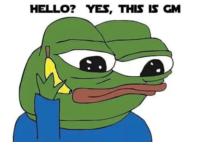 A cartoon frog wearing a blue shirt holds a banana over his mouth, with text that reads "Hello?" and "This is GM", while a poster underneath features a summary of an interesting project related to satcoins and the River Chain Abstraction System.