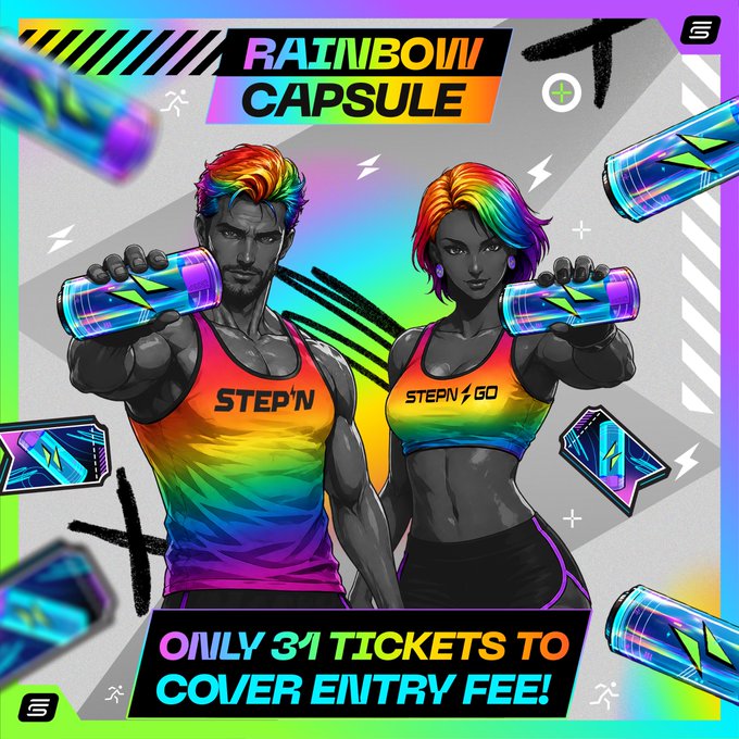 A vibrant promotional graphic titled 'RAINBOW CAPSULE' featuring two illustrated athletic figures in colorful rainbow tank tops holding energy drink bottles, with 'STEP'N GO' branding and text reading 'ONLY 31 TICKETS TO COVER ENTRY FEE!'.