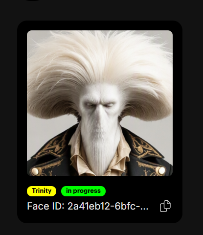 A Face ID recognition card displaying an AI-generated image of a figure featuring wild, voluminous white hair and a long white beard, labeled 'Trinity - in progress' with Face ID 2a41eb12-6bfc-....
