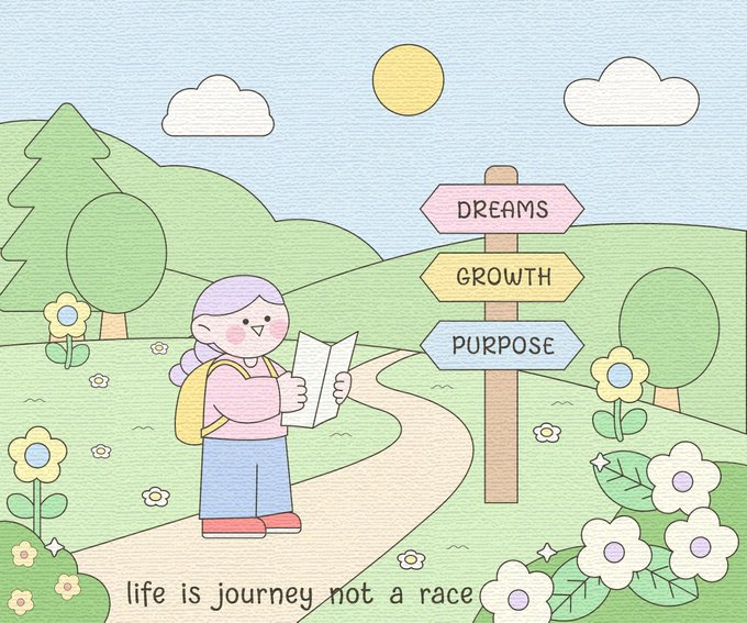 The image features a cartoon girl with a backpack, standing on a path surrounded by flowers and trees. She has a book in her hand and appears to be reading or studying something. The text "Life is journey not a race" can also be seen in the image.