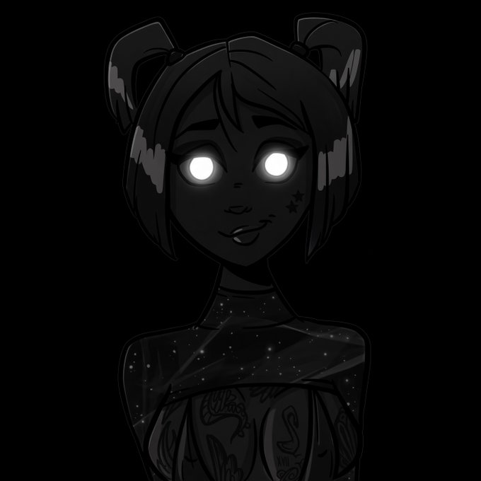 A dark, stylized illustration of a female character with pigtails and glowing white eyes, wearing a starry, constellation-patterned top.
