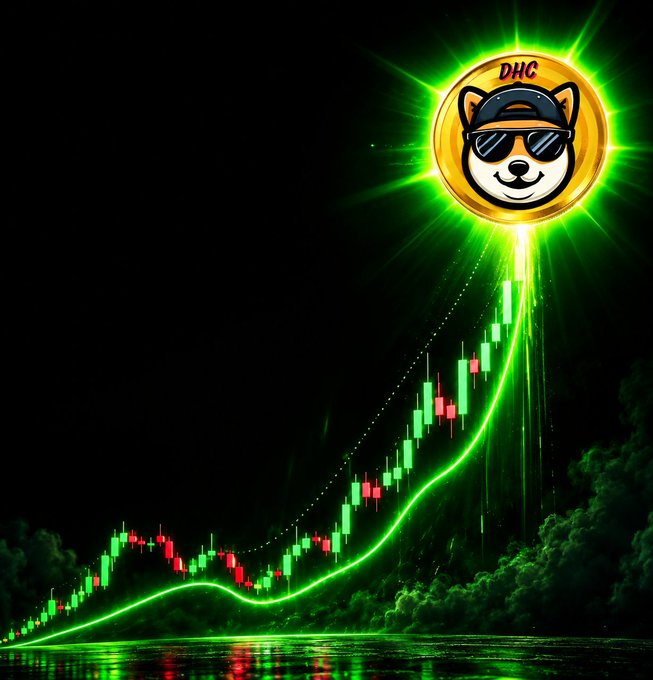 A vibrant green crypto price chart rockets upward toward a glowing 'DHC' coin logo featuring a dog wearing sunglasses and a cap.
