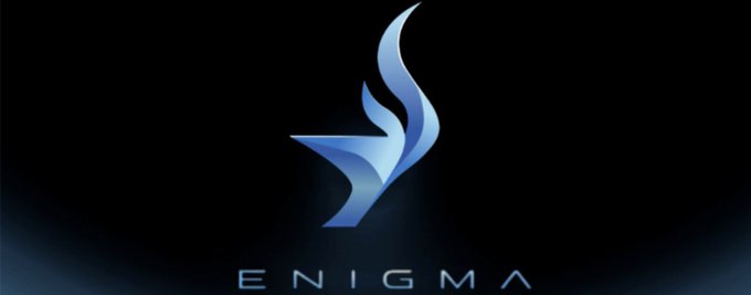 The Enigma logo is displayed in metallic blue against a black background, featuring a stylized flame-and-arrow emblem above the word "ENIGMA." The wordmark represents the Enigma (SN63) project discussed in the post, visually branding their novel approach to decentralized miner emission treasury management.

Word count: 37
