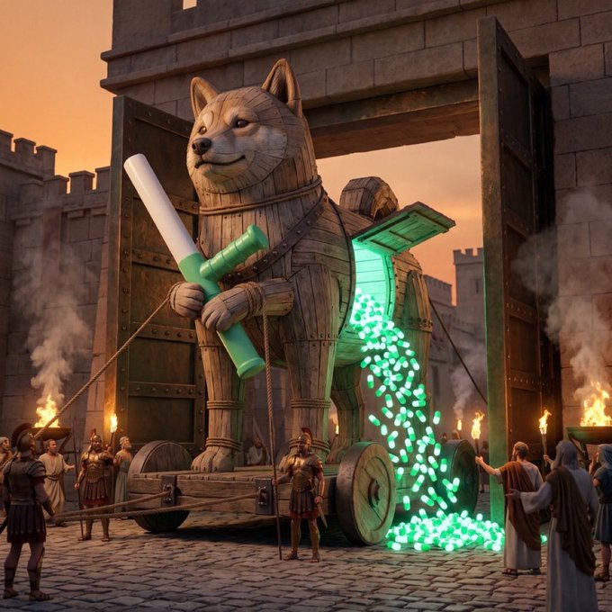 A giant Trojan wooden dog holding a glowing green sword is wheeled through massive gates as green tokens spill from its side, evoking a "Trojan horse" moment for crypto.

The accompanying post highlights that custom pairs have absorbed $5.9M of $PUMP supply, much like the Trojan horse unleashing something unexpected within the gates.