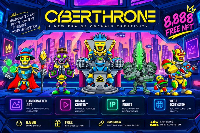 A vibrant promotional banner for 'CYBERTHRONE - A NEW ERA OF ONCHAIN CREATIVITY,' advertising 8,888 free NFTs with handcrafted art, digital content, IP rights, and a Web3 ecosystem.
