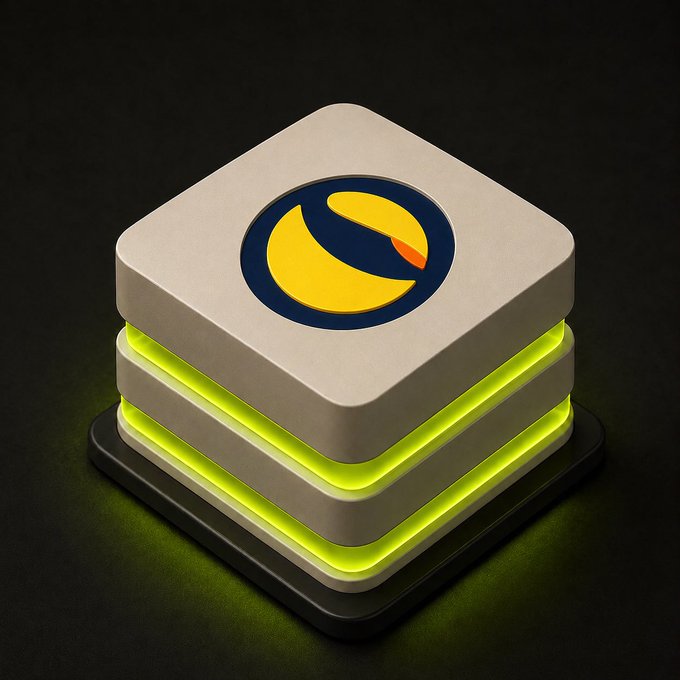 A glowing 3D cube with stacked layers features the Terra Luna Classic ($LUNC) logo—a yellow crescent moon with an orange flame on a navy blue circle—on top, visually representing the cryptocurrency referenced in the "Hello $LUNC" post.