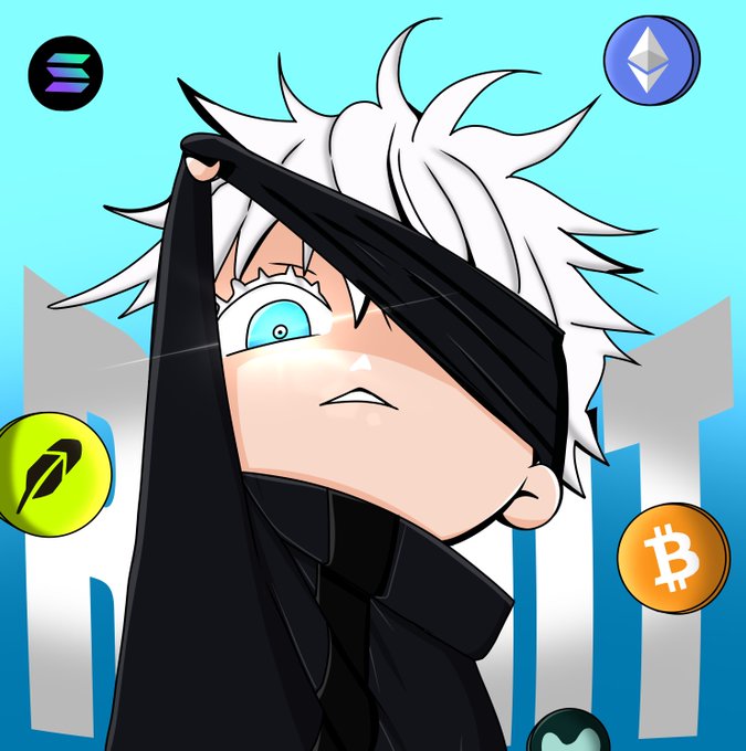 An anime-style PFP featuring a white-haired character with a black blindfold and glowing blue eye, surrounded by cryptocurrency logos (Solana, Ethereum, Bitcoin, and others) against a teal background. The artwork, created by @0x_Dezzy, matches the poster's announcement of adopting it as their new profile picture.