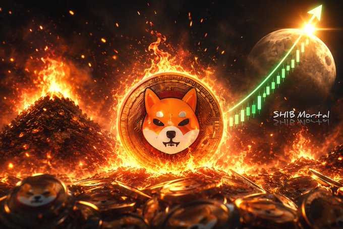A Shiba Inu coin emblazoned with the iconic dog face emerges from a fiery landscape of molten gold and leaping flames, set against a backdrop featuring the moon and a green candlestick chart shooting upward. The text "SHIB Mortel" appears beside the rocket-like price trajectory, visually amplifying the post's message about SHIB's record 117M+ token burn fueling scarcity and a potential bull run.