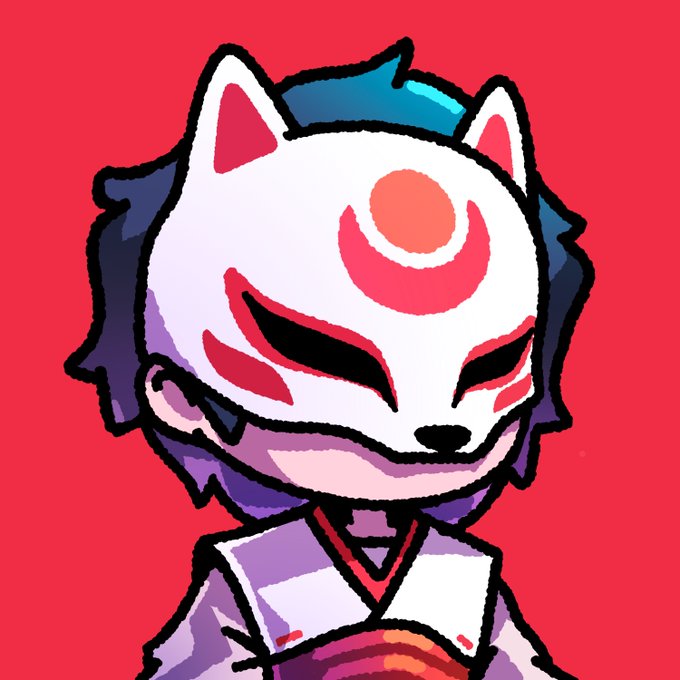 A cartoon-style portrait of a character wearing a white fox mask with red markings and cat-like ears, set against a solid red background.