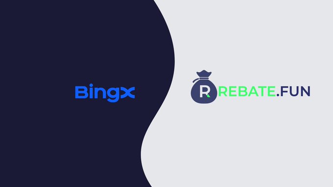 The image features a logo for two companies, one blue and one white. The blue company's name is "Bingx" written in large letters at the top of the image. Below that, there are smaller text elements representing the other company, which reads "RebateFun". Both companies seem to be collaborating on an innovative idea or project related to cryptocurrency trading and rewards.