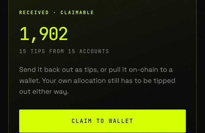 A dark-themed digital notification panel displays "RECEIVED • CLAIMABLE" above a large "1,902" figure in bright yellow, noting "15 TIPS FROM 15 ACCOUNTS" and offering a "CLAIM TO WALLET" button at the bottom. The screenshot corresponds to the post's announcement of receiving 1,902 $MOTION from 15 unique tippers, showing the exact interface where users can either withdraw the funds or redistribute them back into the tipping ecosystem.