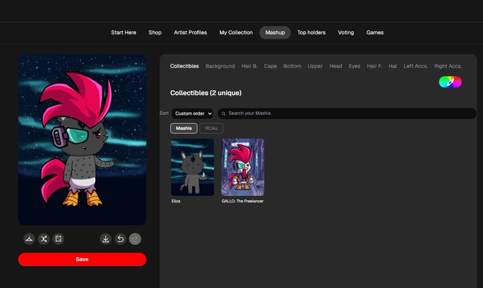 A NFT profile customization interface displays a character called 'GALLO The Freelancer' with pink hair and sunglasses, alongside collectible items in a digital collection.