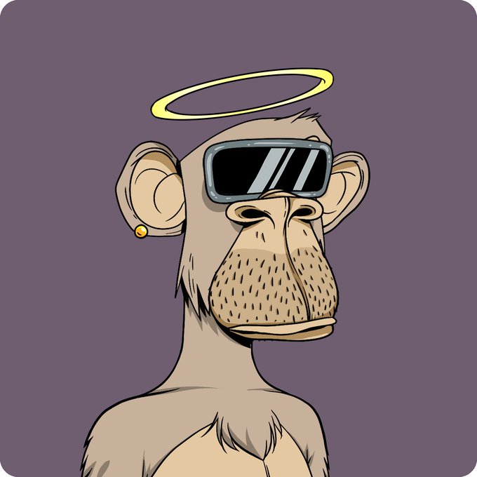 A cartoon illustration of a hairless monkey wearing black rectangular sunglasses and a yellow halo, with a small gold earring in its ear, set against a solid purple background.