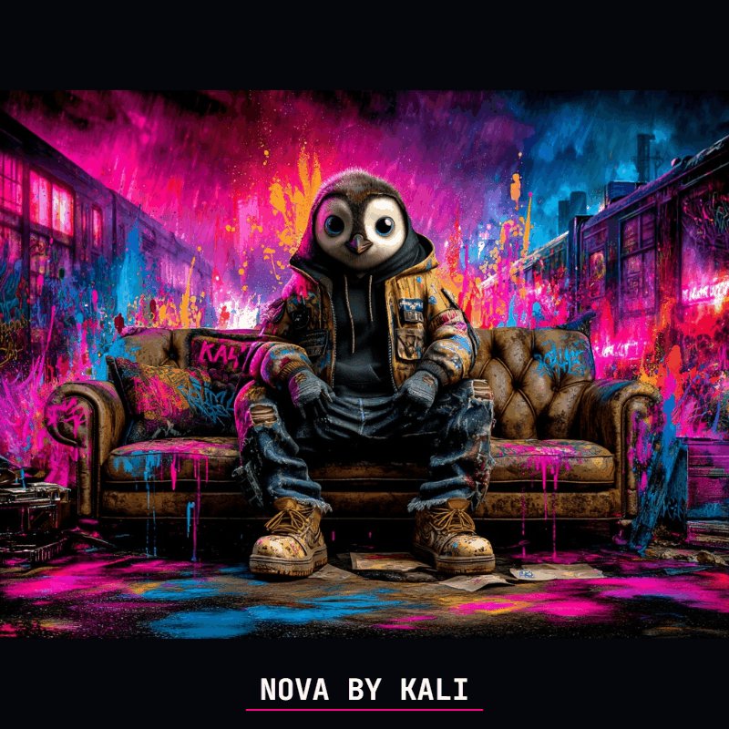The image features a cartoon owl sitting on a couch, wearing a hoodie and jeans. The background of the image has neon colors that make it stand out. The caption below the image reads "GN! NOVA BY KALI - THE GENESIS DROP Tomorrow, Thursday, June ... NOVA BY KALI #NFTCollector". This suggests that the owl is a character from a movie or TV show and that the post is related to the film.