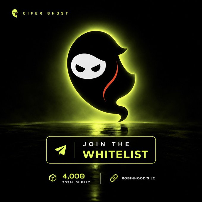 A glowing ghost-masked figure hovers above a reflective surface under the "CIFER GHOST" branding, promoting a whitelist CTA on Telegram with details noting a 4,000 total supply and Robinhood's L2 network—mirroring the post's point that whitelist access is already live even before the mint date is announced.