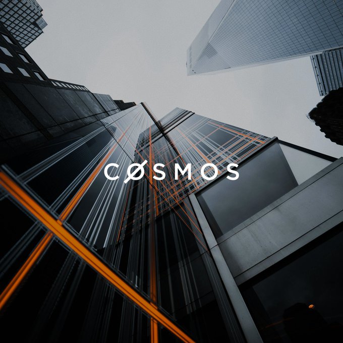 A skyscraper viewed from below with the word "CØSMOS" overlaid in white text, symbolizing Cosmos's role in connecting banks to Swift's ledger for 24/7 cross-border payments through its Tokenization Suite.