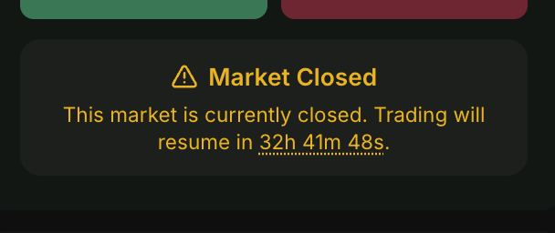 A dark-themed notification panel displays a "Market Closed" warning with a countdown timer showing "32h 41m 48s" until trading resumes, illustrating the limitations of traditional markets that the post celebrates crypto markets for transcending through 24/7 availability.